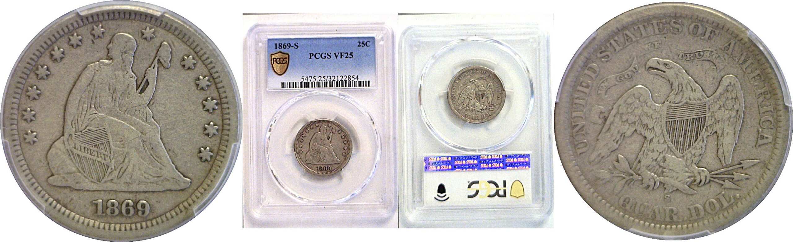 1869-S Seated Liberty Quarter. -  PCGS VF-25