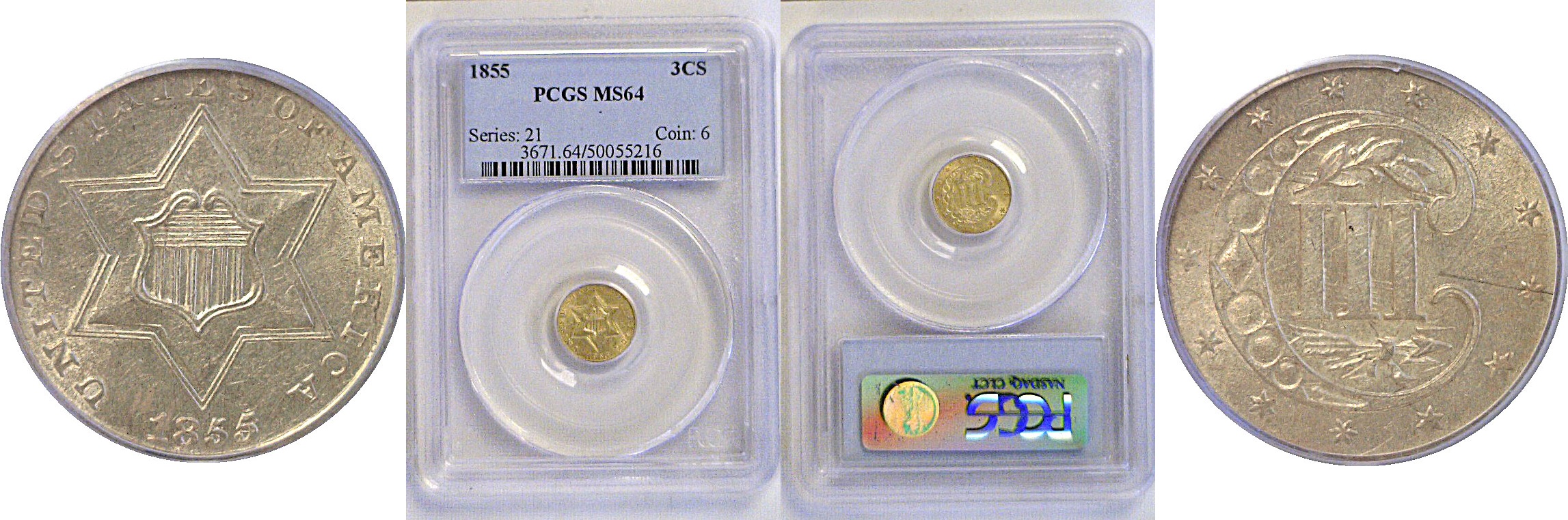 1855 Silver Three Cent  -  PCGS MS-64