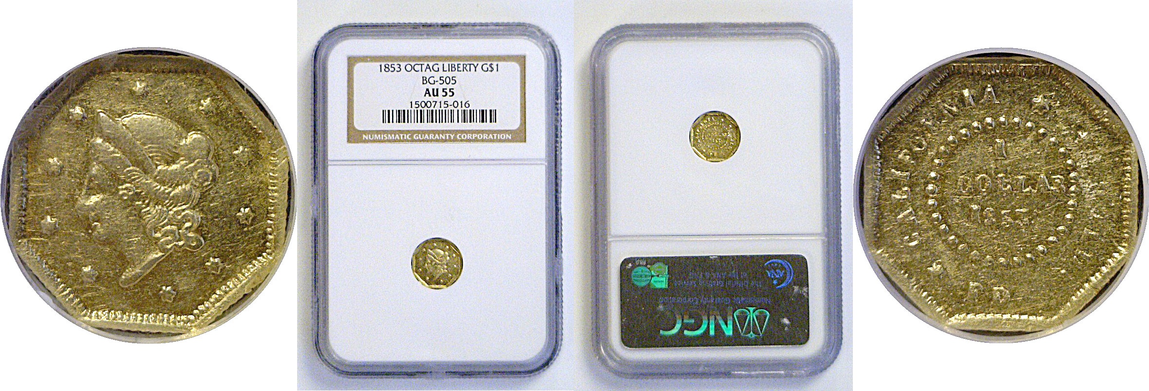 1853 $1 California Fractional Gold   BG-505   NGC AU-55