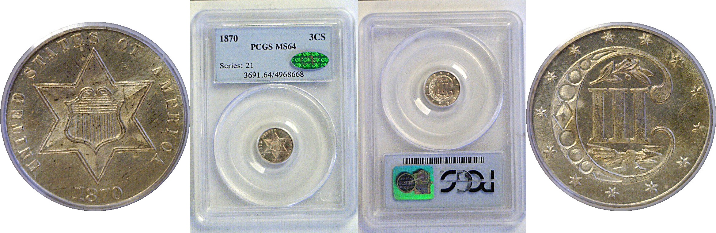 1870 Silver Three Cent  -  PCGS MS-64   CAC