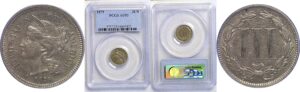1879 Nickel Three Cent  -  PCGS AU-55