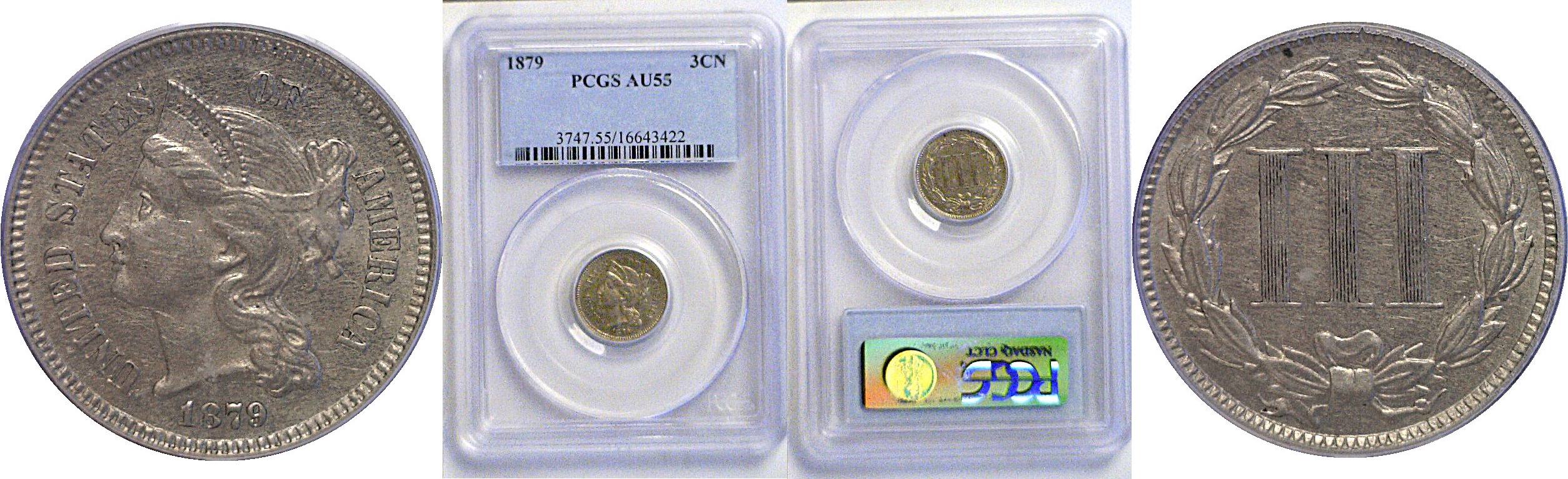 1879 Nickel Three Cent  -  PCGS AU-55