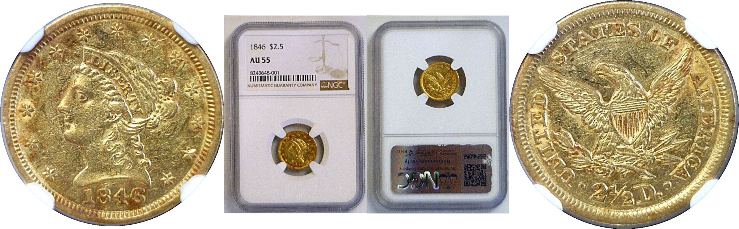 1846 $2 1/2 Liberty  -  NGC AU-55