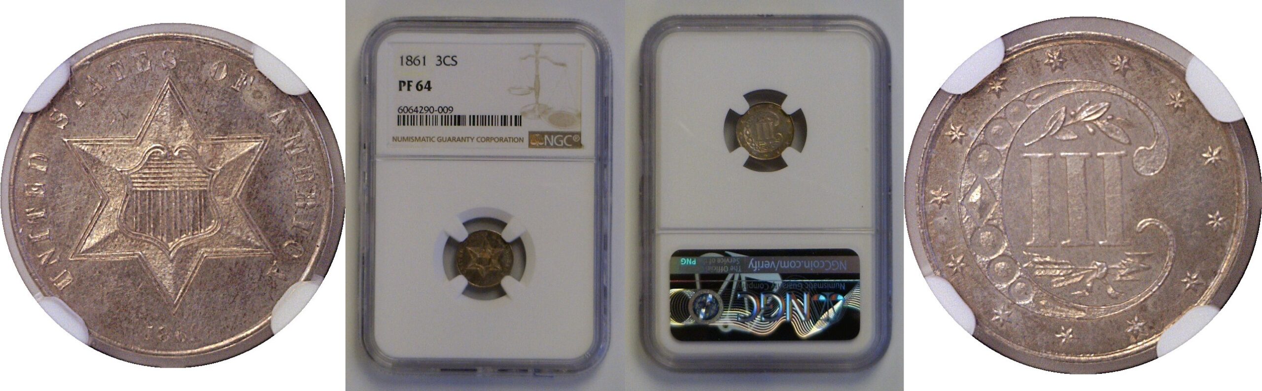 1861 Silver Three Cent  -  NGC PF-64