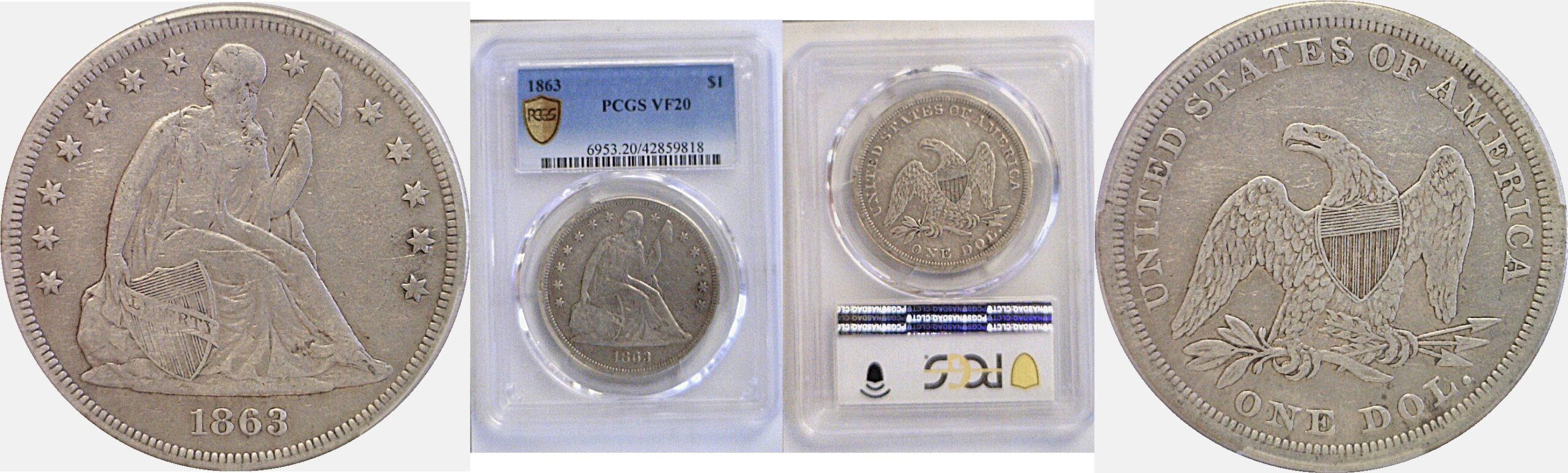 1863 Seated Liberty Dollar  -  PCGS VF-20