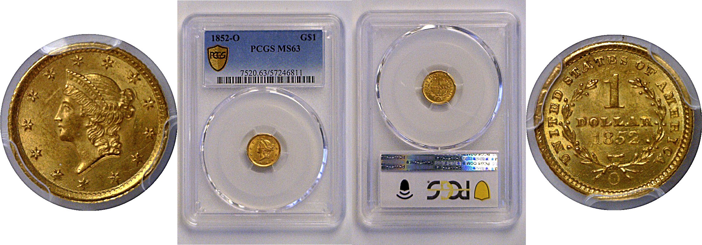 1852-O One Dollar Gold Coin  -  PCGS MS-63