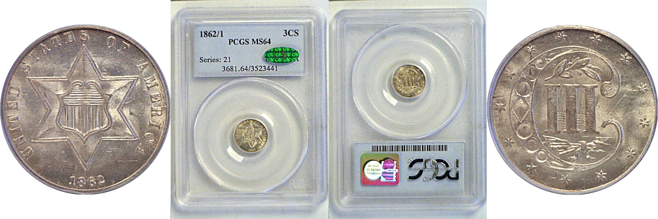 1862/1 Silver Three Cent. -  PCGS MS-64.  CAC