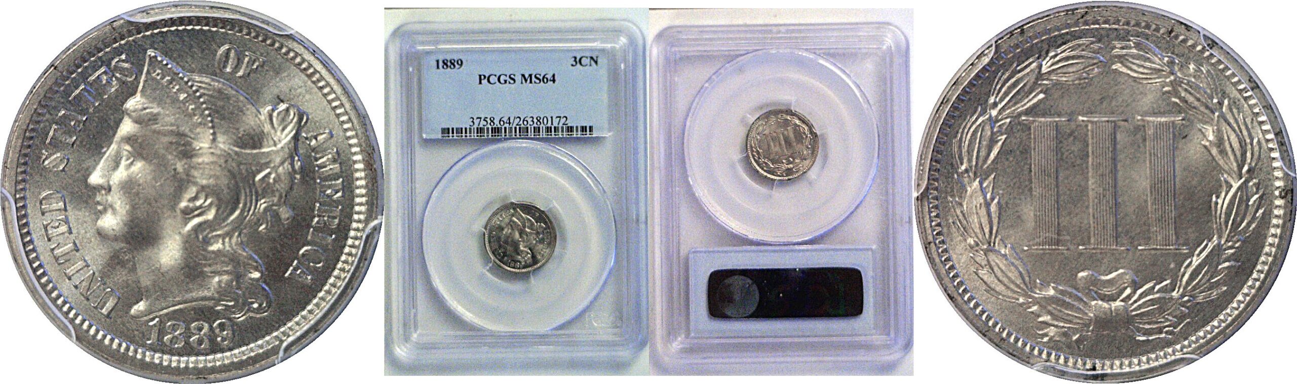 1889 Nickel Three Cent  -  PCGS MS-64