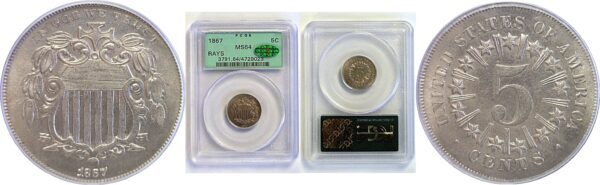 1867 Rays. Liberty Nickel  -  PCGS MS-64  CAC