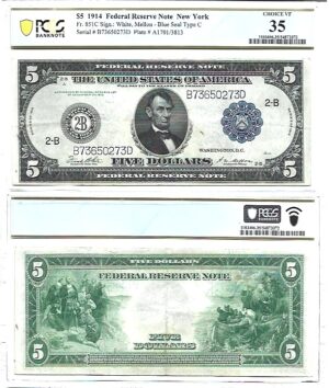 1914 $5 Federal Reserve Note Fr-851c PCGS Choice VF-35