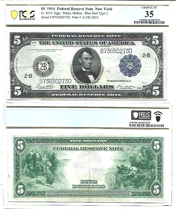 1914 $5 Federal Reserve Note Fr-851c PCGS Choice VF-35