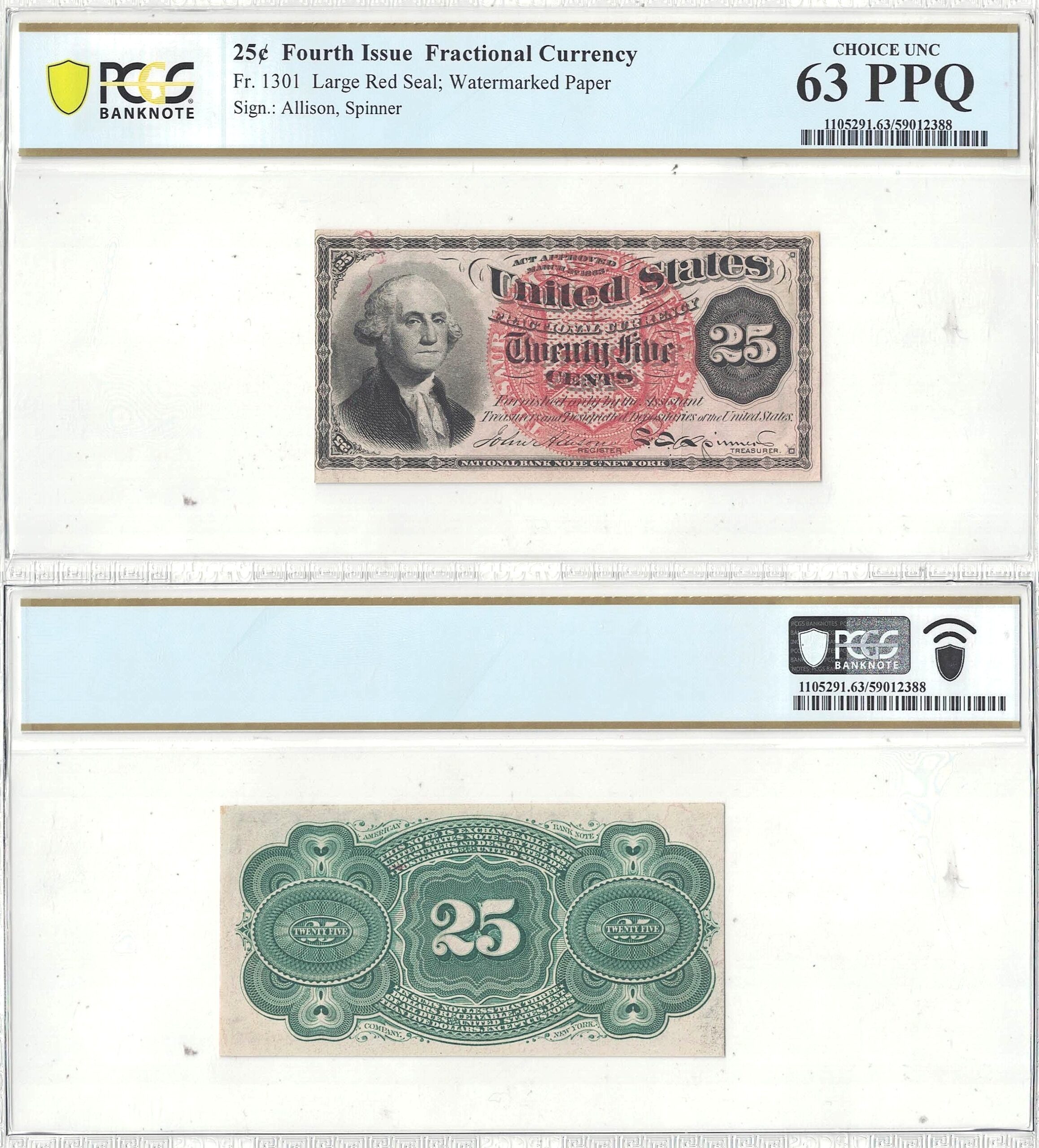 25 Cent 4th Issue Fractional Currency Fr-1301 PCGS Choice CU-63 PPQ