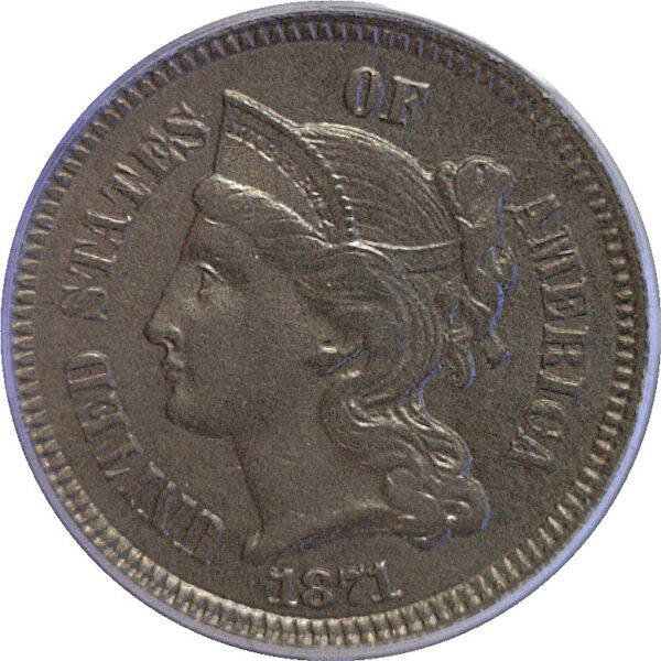 1871 Nickel Three Cent  -  PCGS AU-53   CAC - Image 2