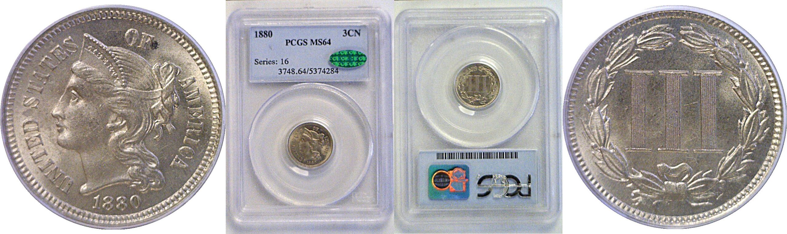 1880 Nickel Three Cent  -  PCGS MS-64  CAC.