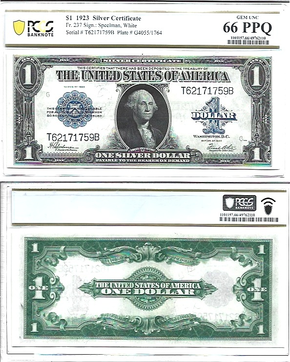 1923 $1 Silver Certificate Fr-237 PCGS 66 PPQ