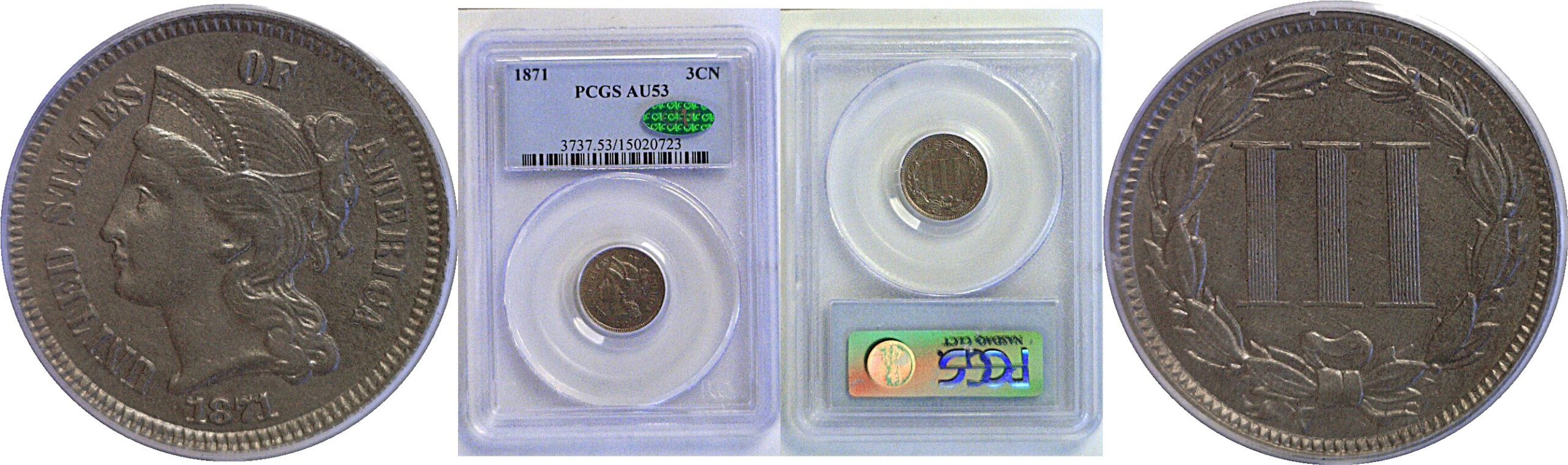 1871 Nickel Three Cent  -  PCGS AU-53   CAC