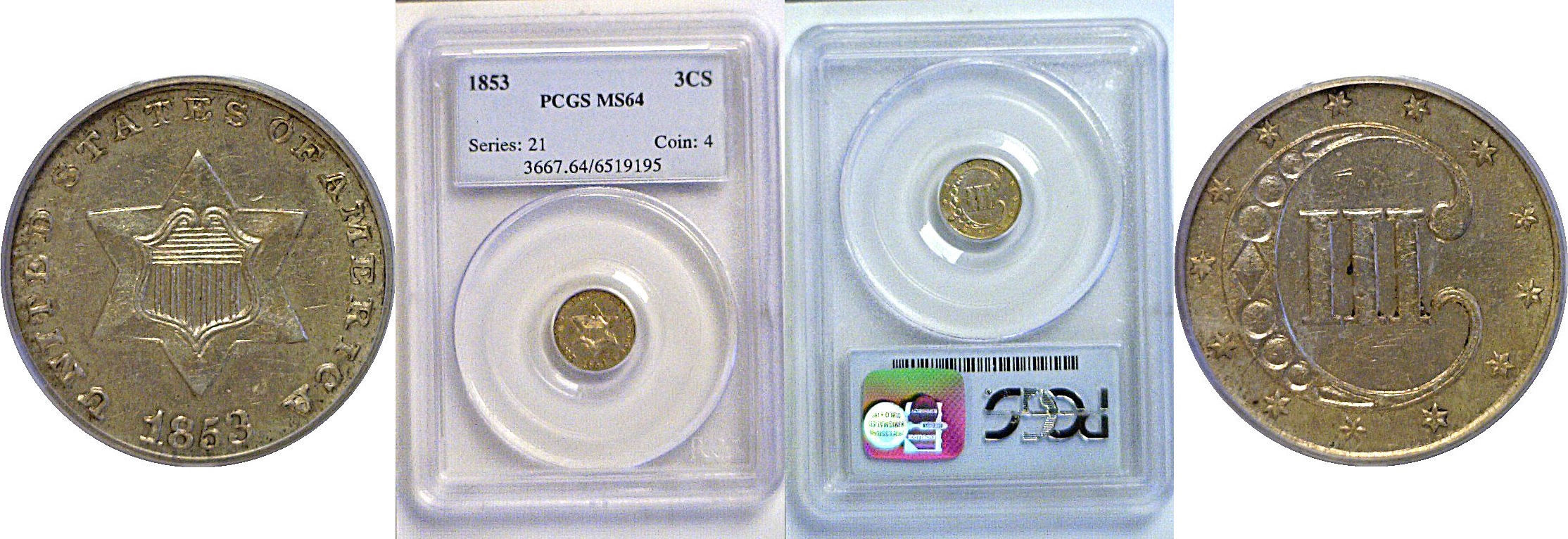 1853 Silver Three Cent  -  PCGS MS-64