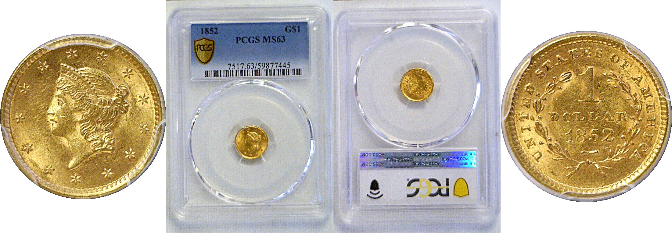 1852 One Dollar Gold Coin  -  PCGS MS-63