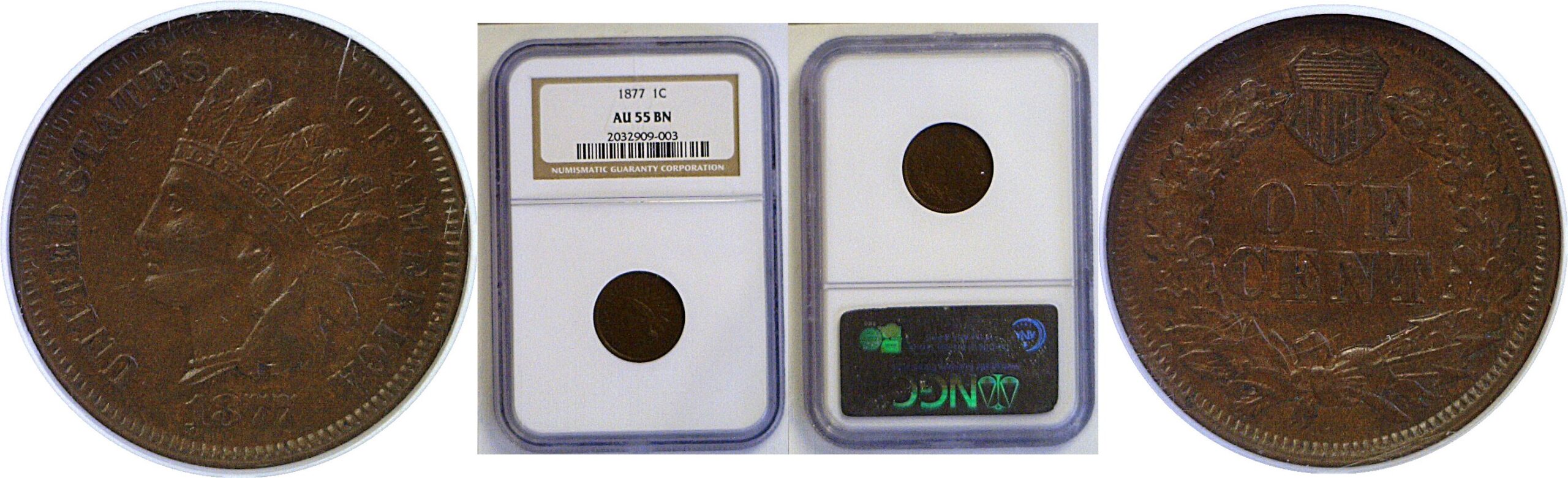 1877 Indian Head Cent  -  NGC AU-55