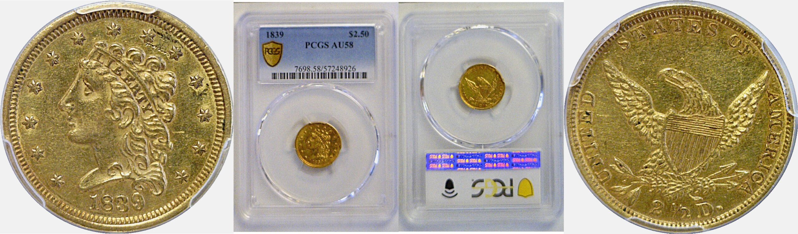 1839 $2 1/2 Classic PCGS AU-58