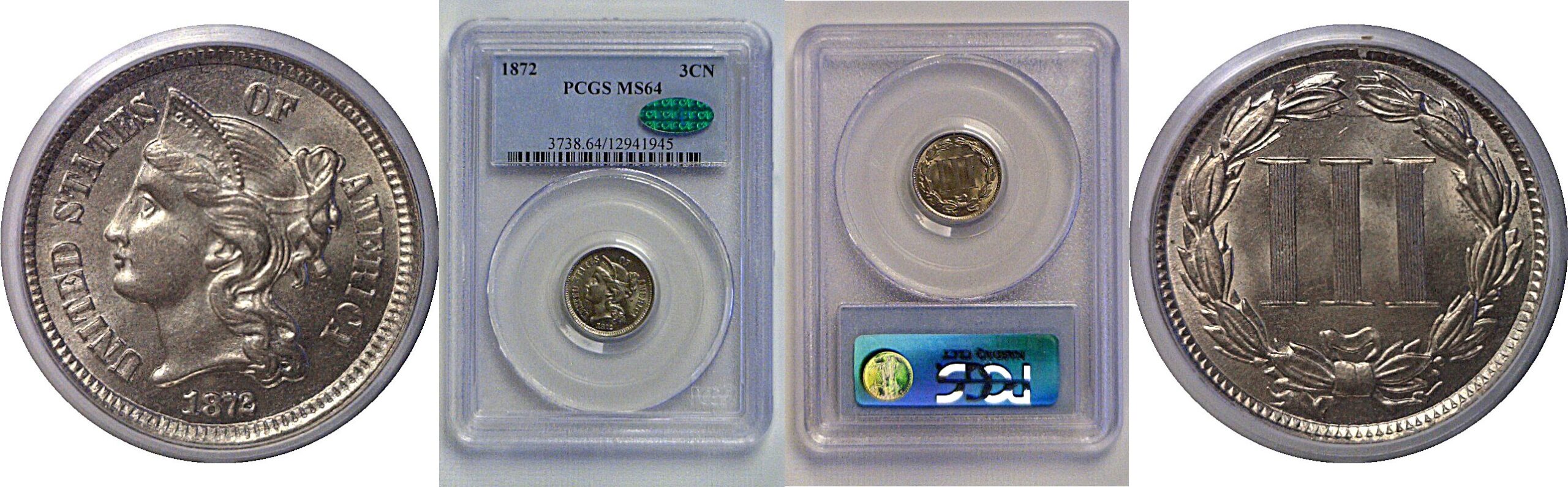 1872 Nickel Three Cent  -  PCGS MS-64  CAC