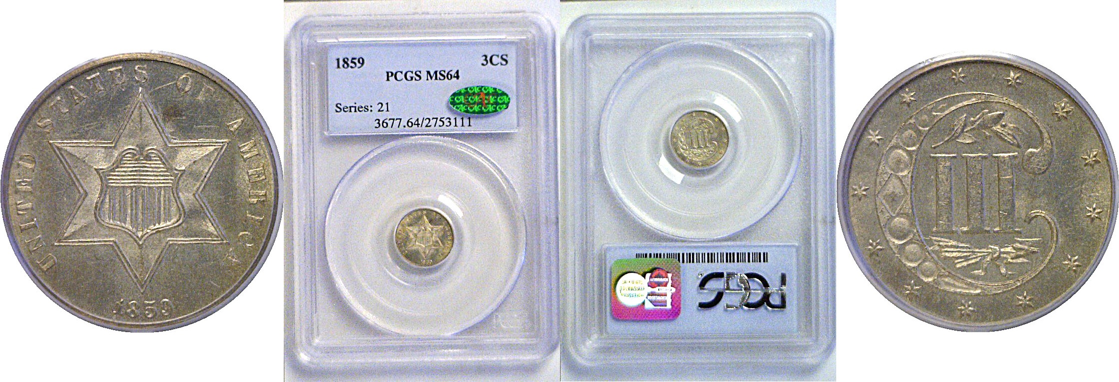1859 Silver Three Cent  -  PCGS MS-65   CAC