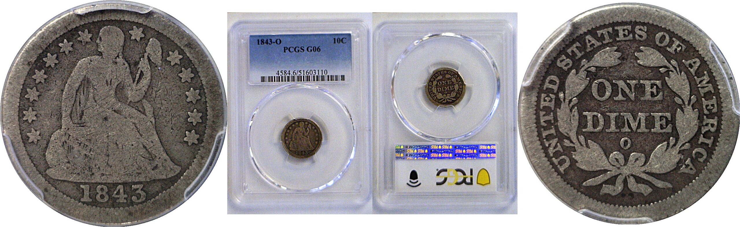 1843-O Seated Liberty Dime  -  PCGS G-6