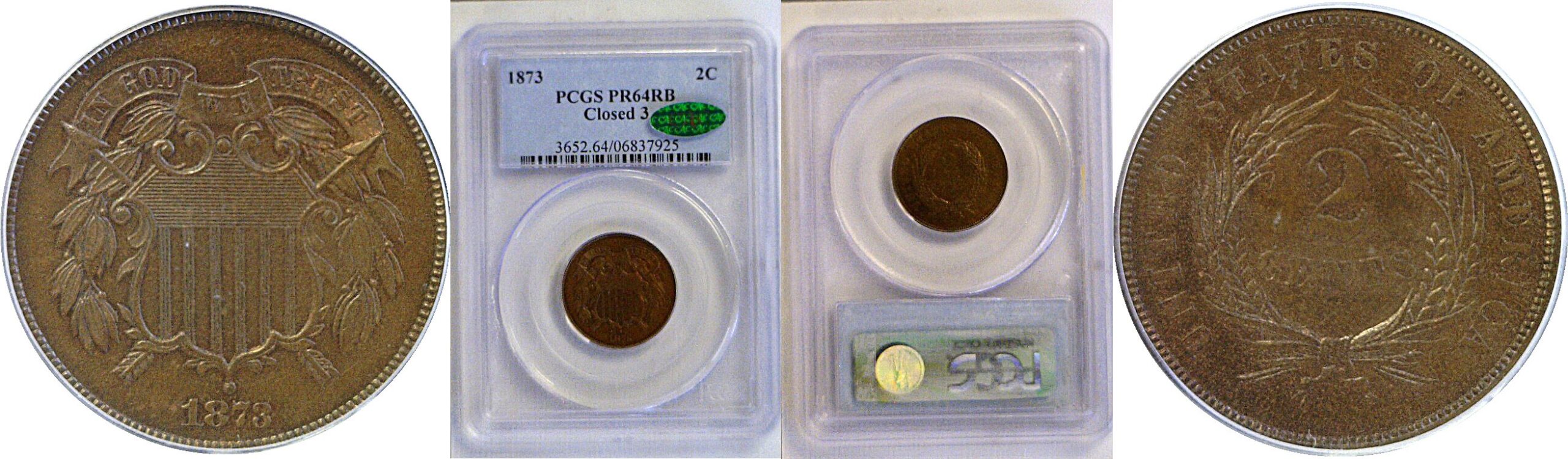 1873 Closed 3.  Two Cent Piece  -  PCGS PR-64 RB  CAC