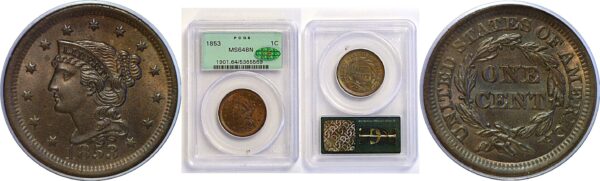 1853 Large Cent  -  PCGS MS-64 BN  CAC