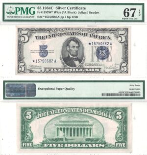 1934-C $5 Silver Certificate Wide Star Note Fr-1653* PMG Superb CU-67 EPQ