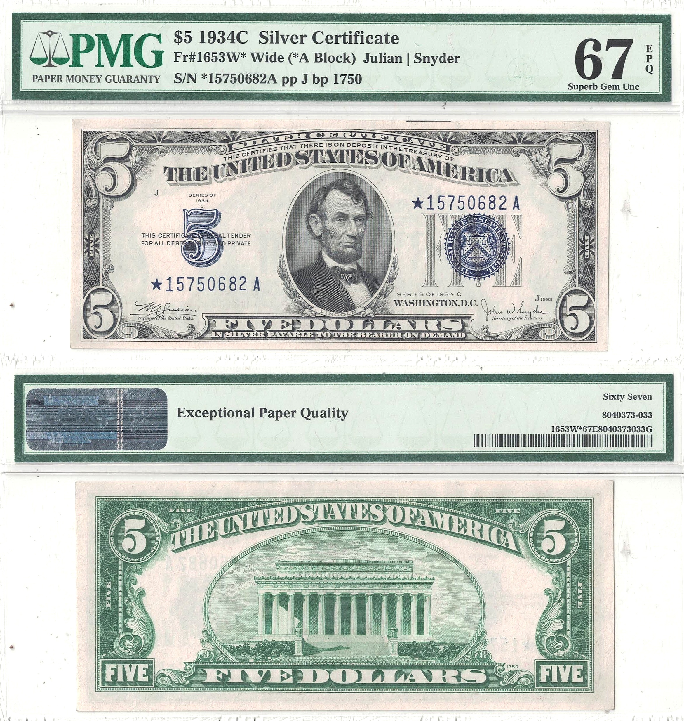 1934-C $5 Silver Certificate Wide Star Note Fr-1653* PMG Superb CU-67 EPQ