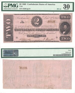 1862 $2 Confederate Note T-54 PMG VF-30
