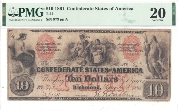 1861 $10 Confederate Note T-22 PMG VF-20 - Image 2