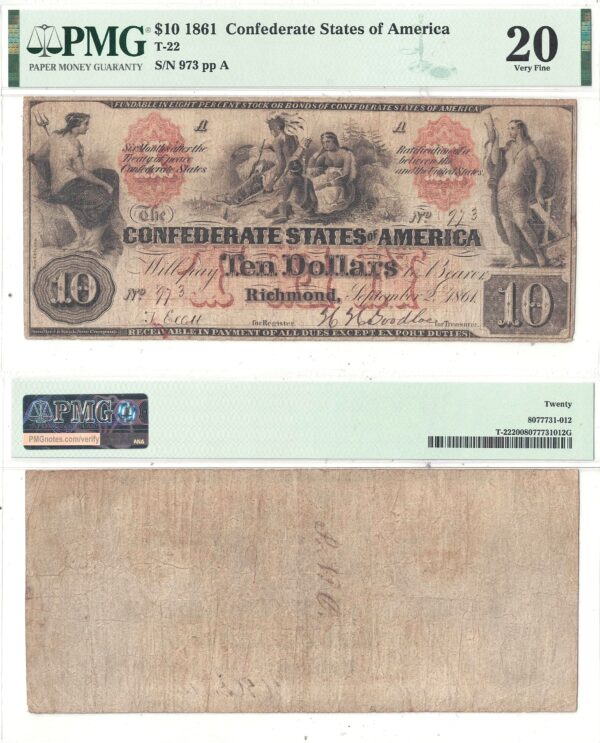 1861 $10 Confederate Note T-22 PMG VF-20