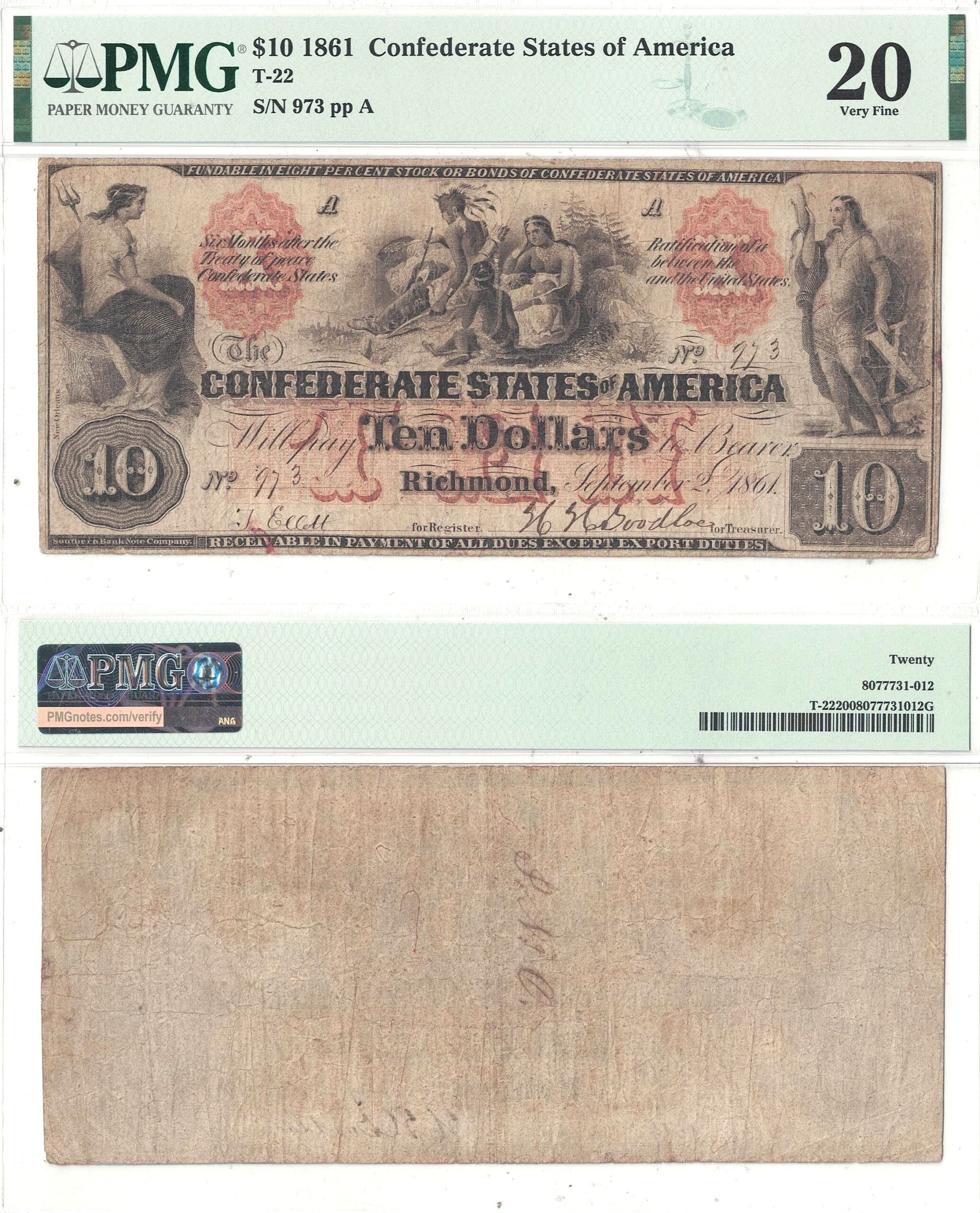 1861 $10 Confederate Note T-22 PMG VF-20