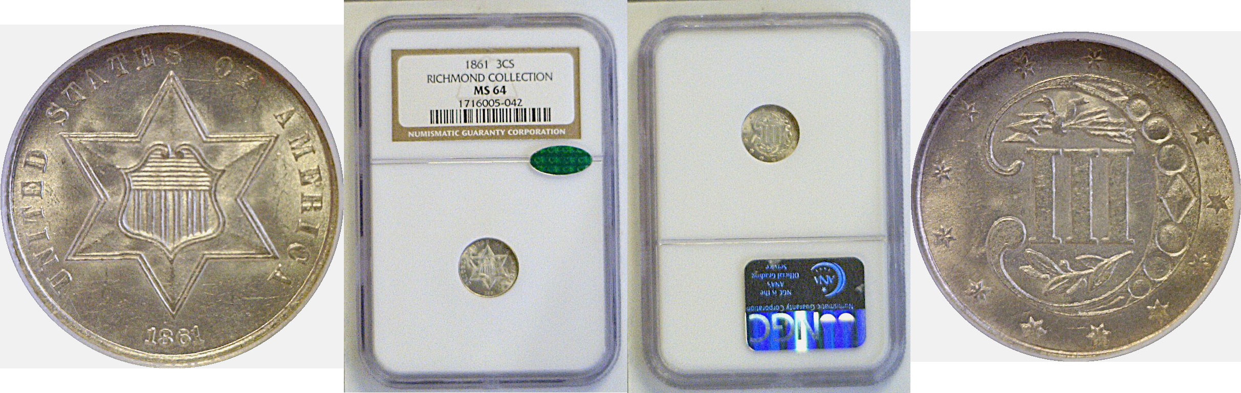 1861 Silver Three Cent  -  NGC MS-64  CAC