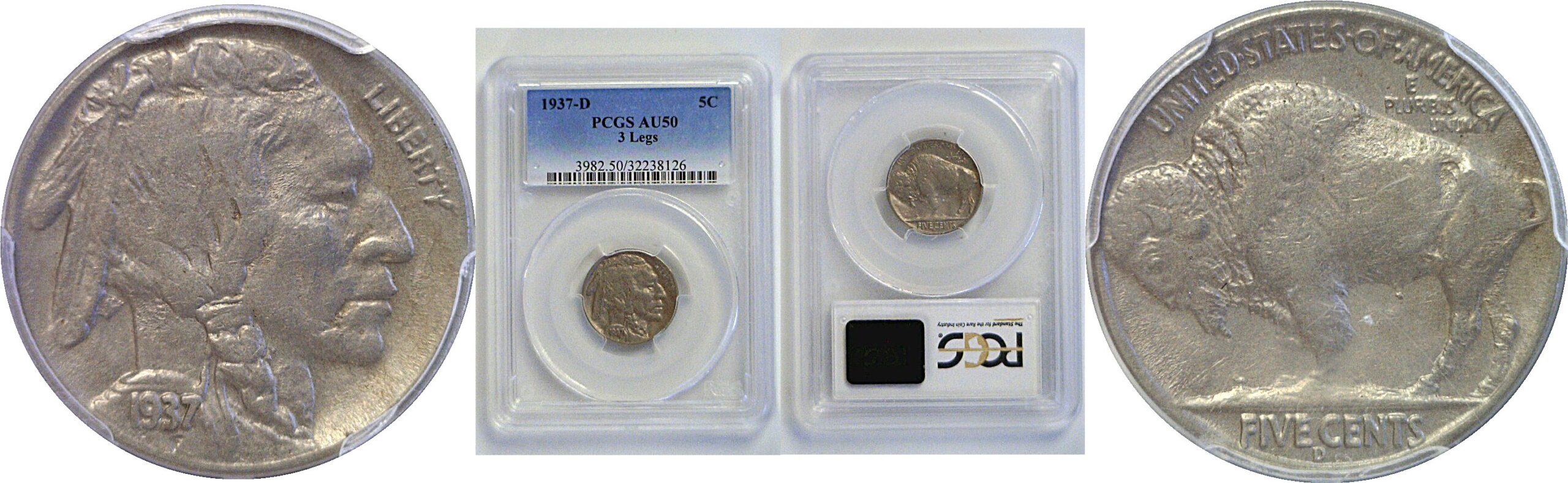 1937-D 3 Legs.  Buffalo Nickel  -  PCGS AU-50