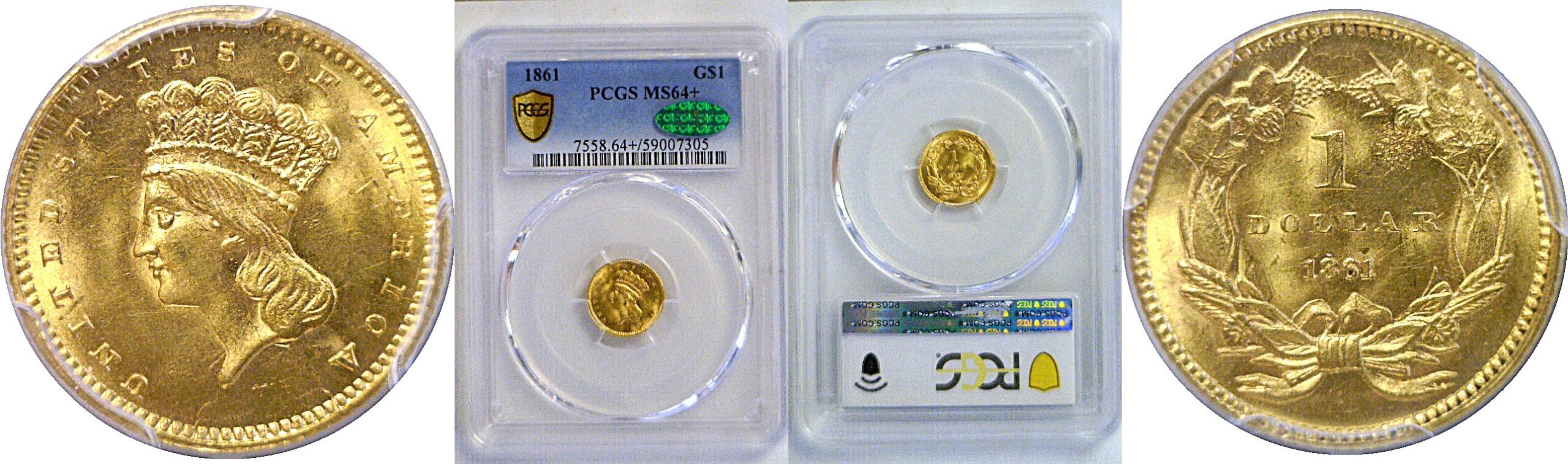1861 One Dollar Gold Coin  -  PCGS MS-64+  CAC