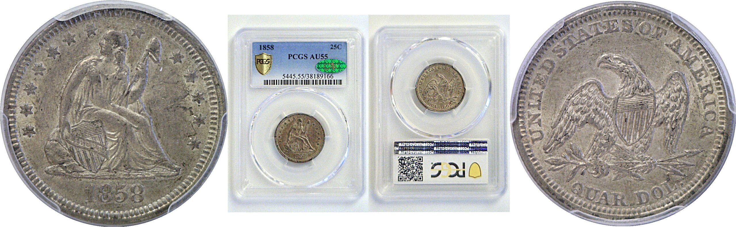 1858 Seated Liberty Quarter   PCGS AU-55  CAC
