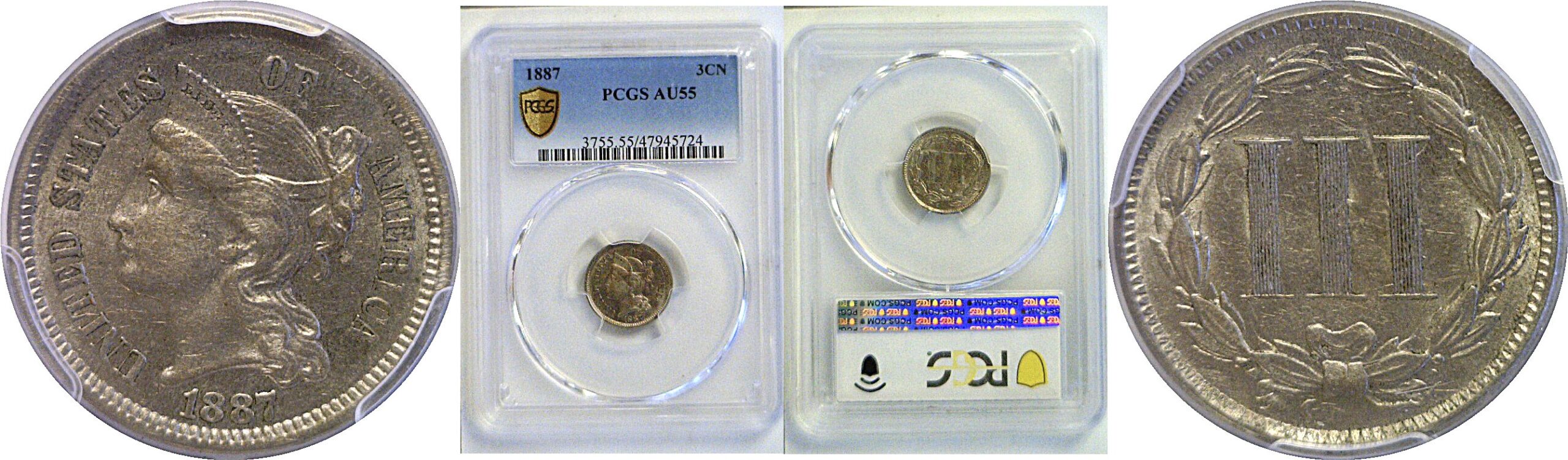 1887 Nickel Three Cent. -  PCGS AU-55
