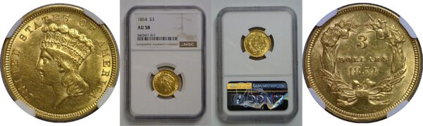 1854 $3 Princess   NGC AU-58