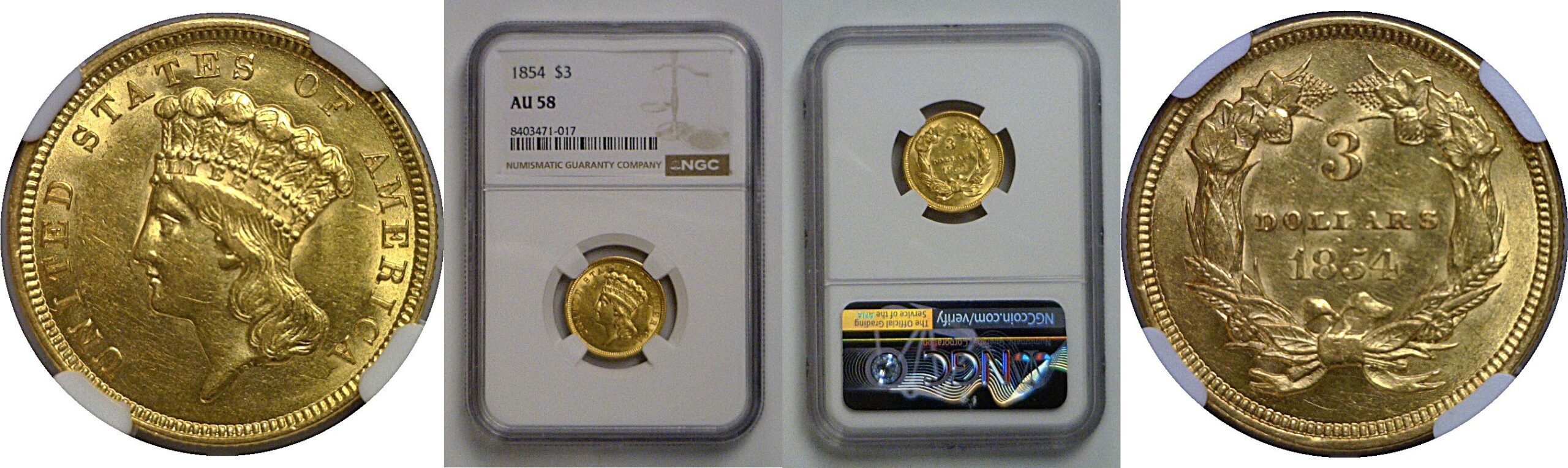 1854 $3 Princess   NGC AU-58