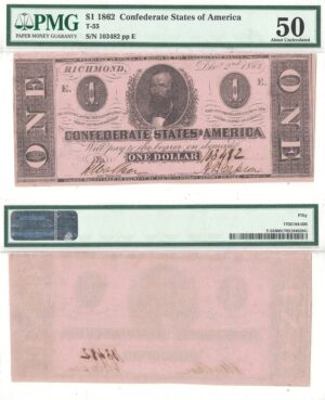 1862 $1 Confederate Note T-55 PMG-50