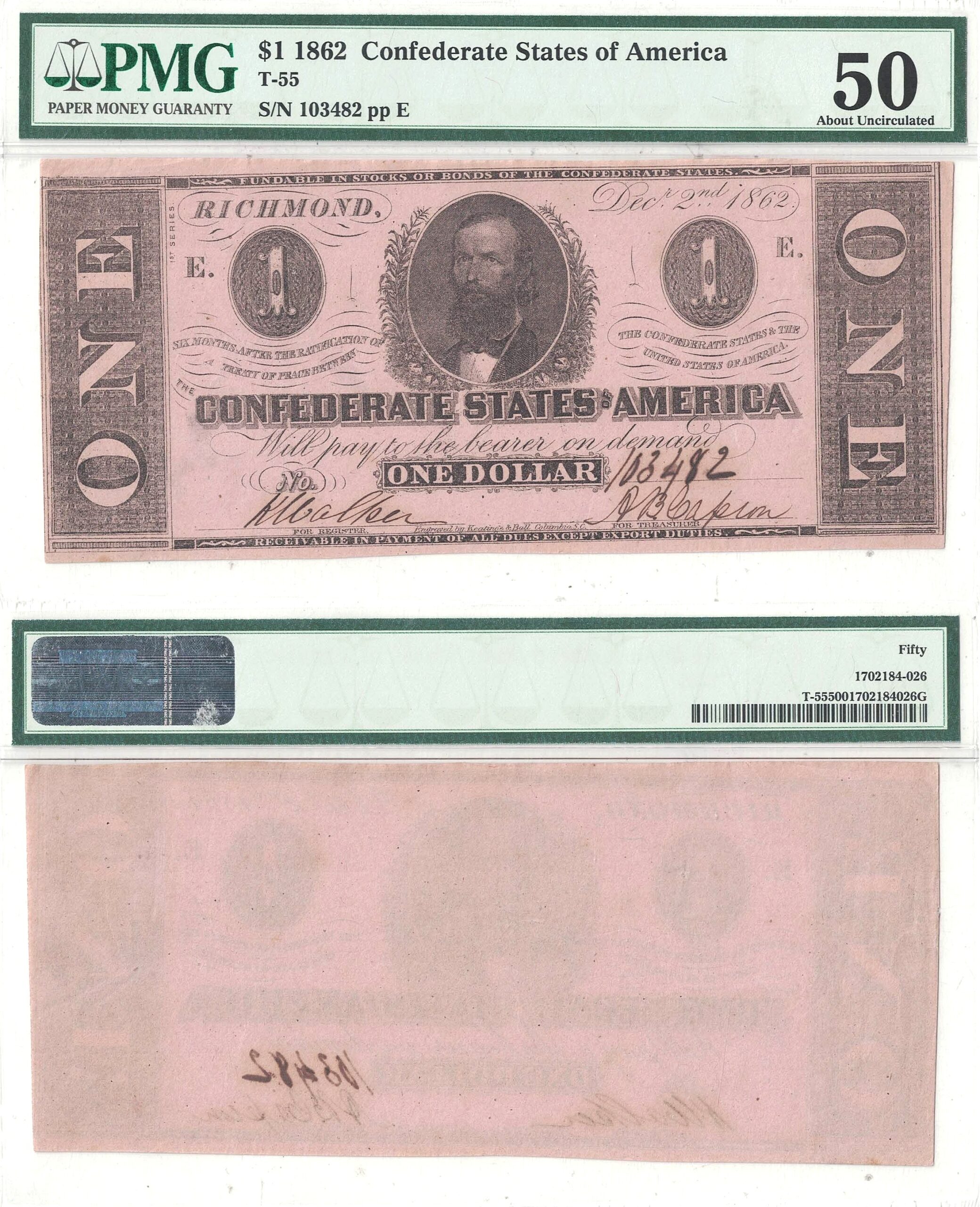 1862 $1 Confederate Note T-55 PMG-50