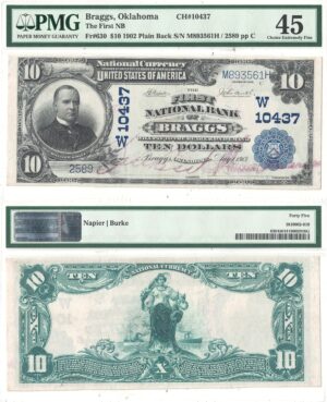1902 $10 Braggs, Oklahoma Charter 10437 PMG XF-45