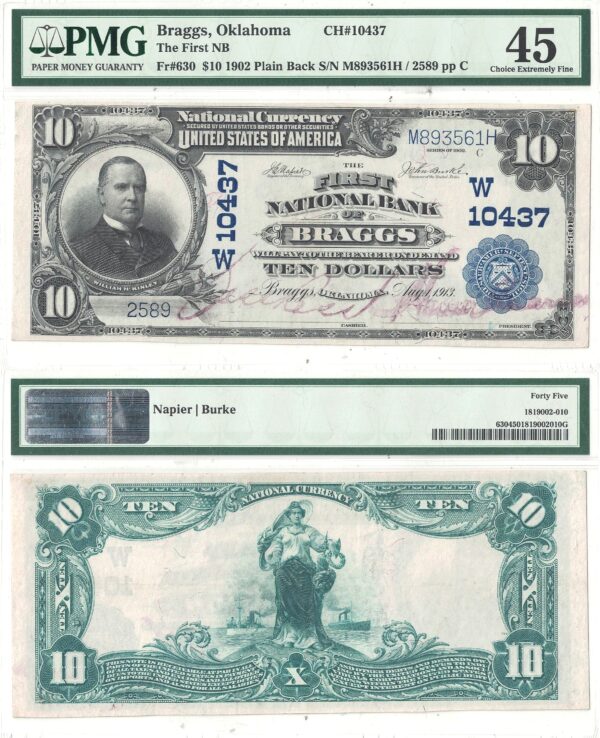 1902 $10 Braggs, Oklahoma Charter 10437 PMG XF-45