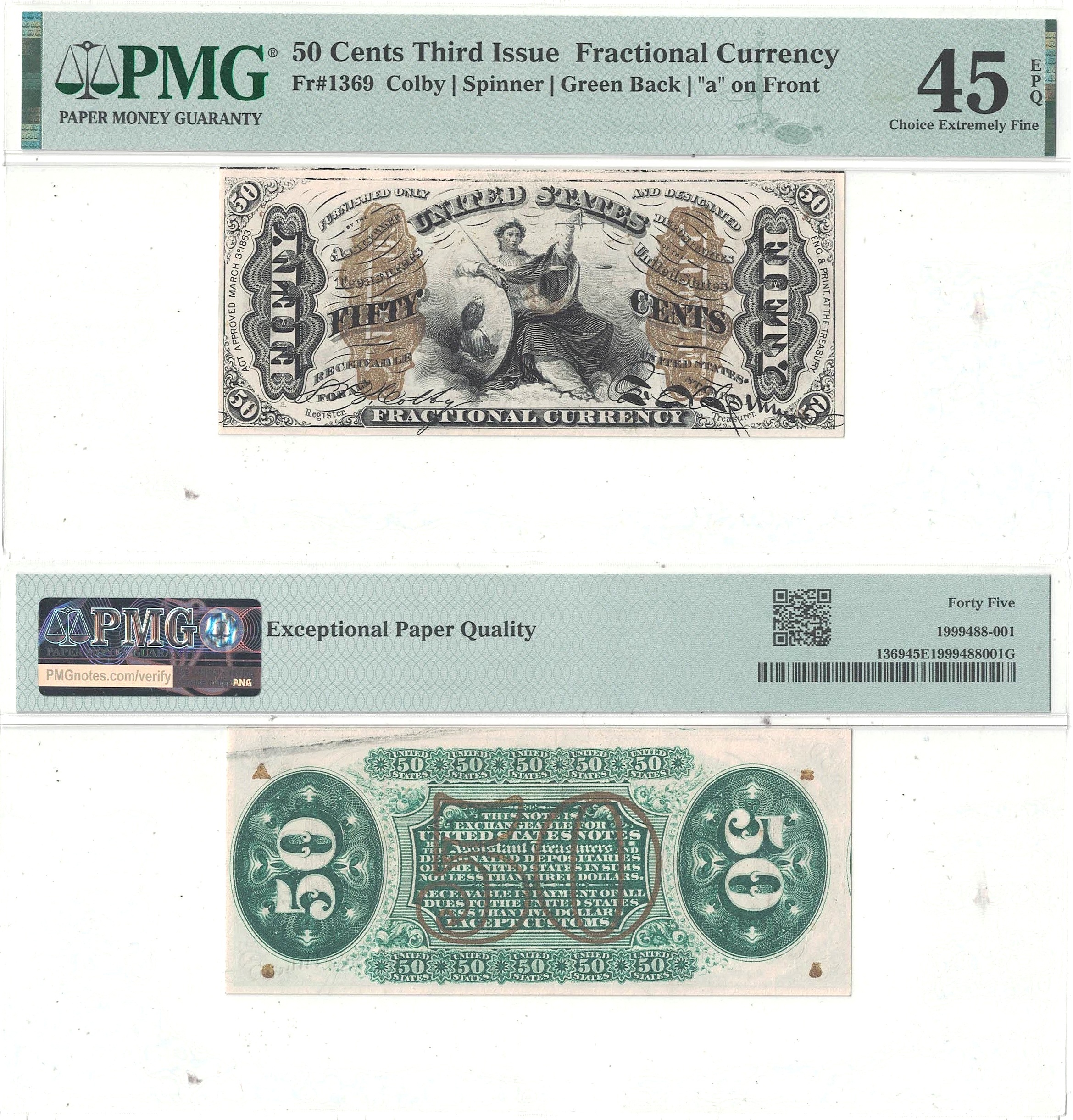 50 Cent 3rd Issue Fractional Currency Fr-1369 PMG XF-45 EPQ