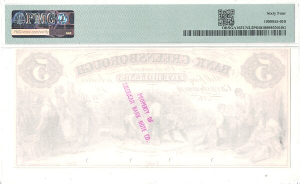 1850's $5 Obsolete Greensborough, Georgia Proof PMG Choice CU 64 - Image 3