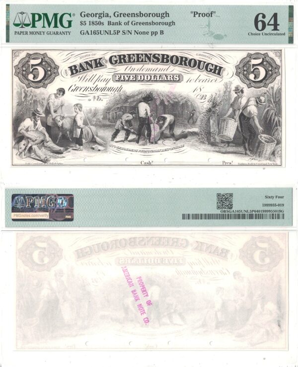 1850's $5 Obsolete Greensborough, Georgia Proof PMG Choice CU 64