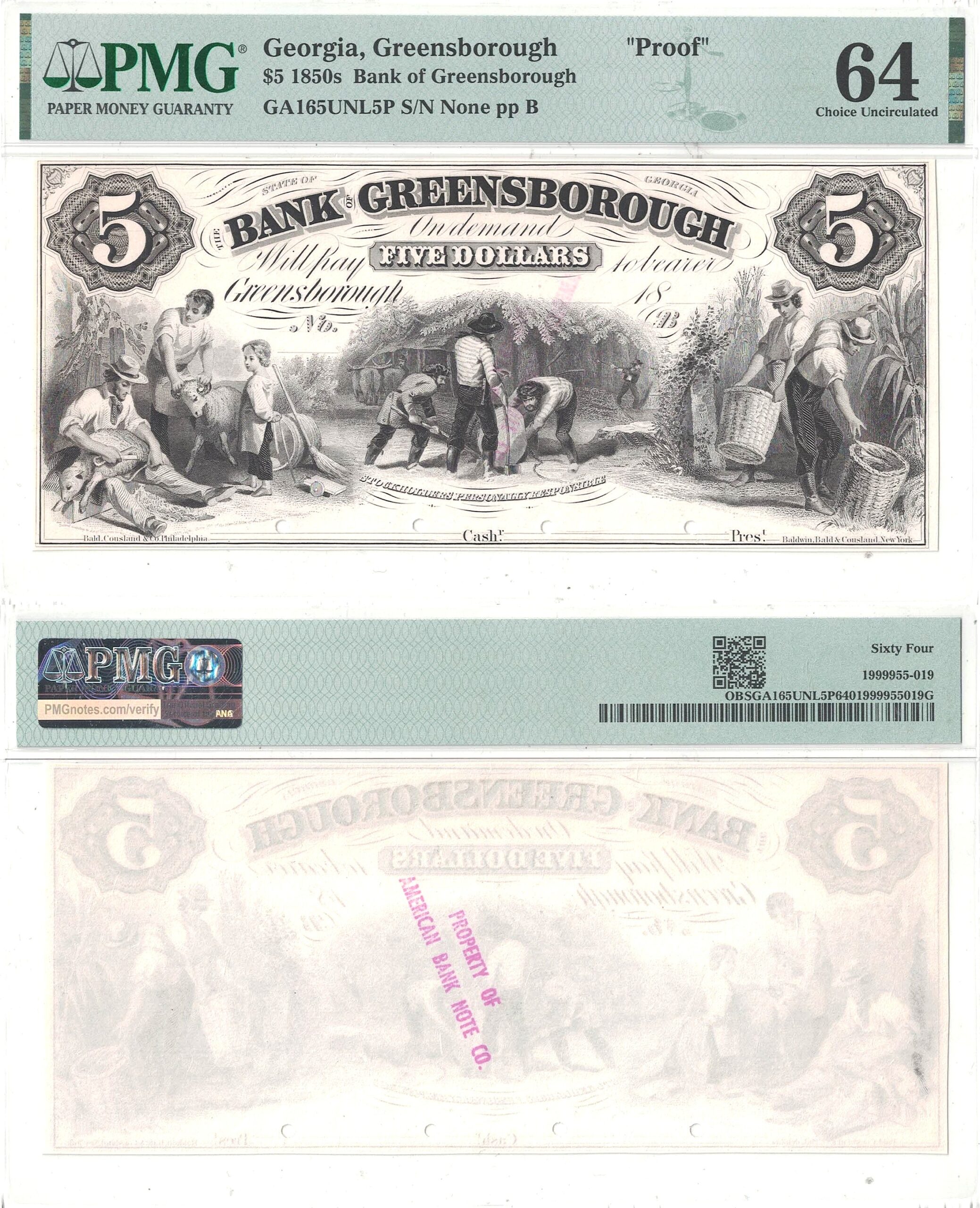 1850's $5 Obsolete Greensborough, Georgia Proof PMG Choice CU 64